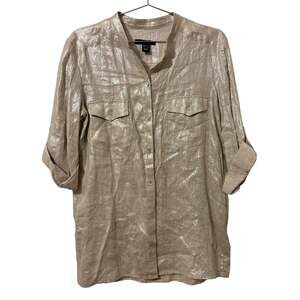 Louben Natural Beige Metallic Linen Button Down Tunic Top M